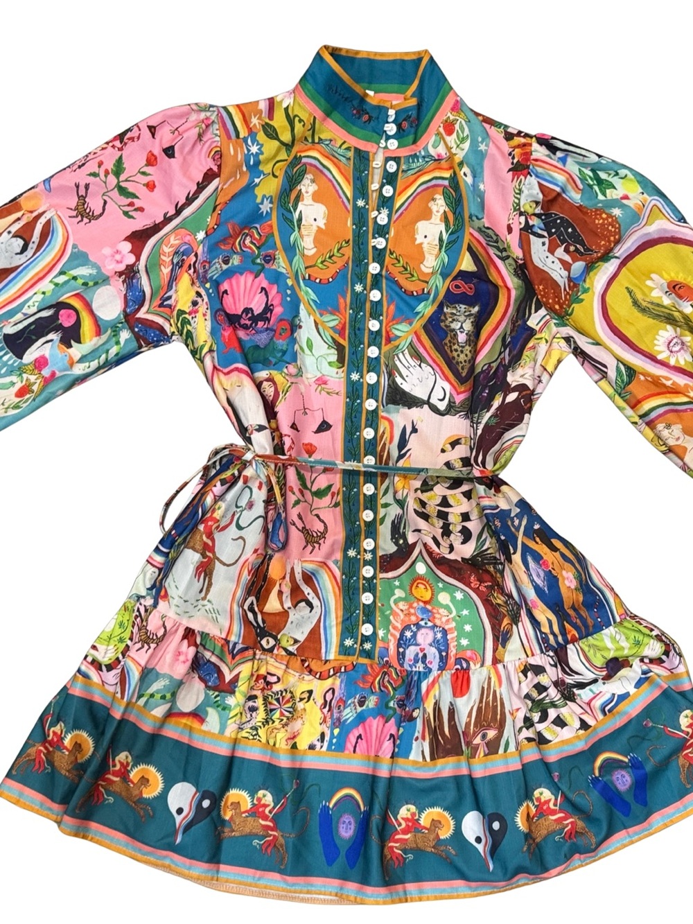 Multicolor Printed Mini Dress with Button-Front and Drawstring Waist